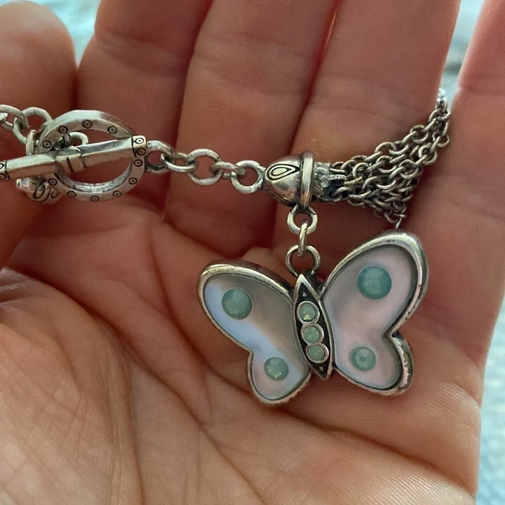 BRIGHTON vintage‎ multi strand silver and blue stone butterfly pendant bracelet